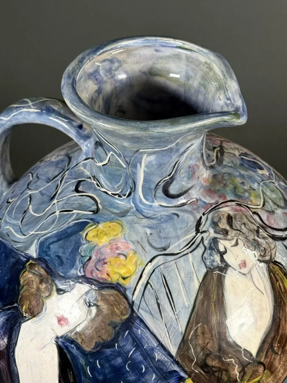 Marley Lipman Signed Art Pottery Large Pitcher Jug Edwardian Flapper Girls 15
